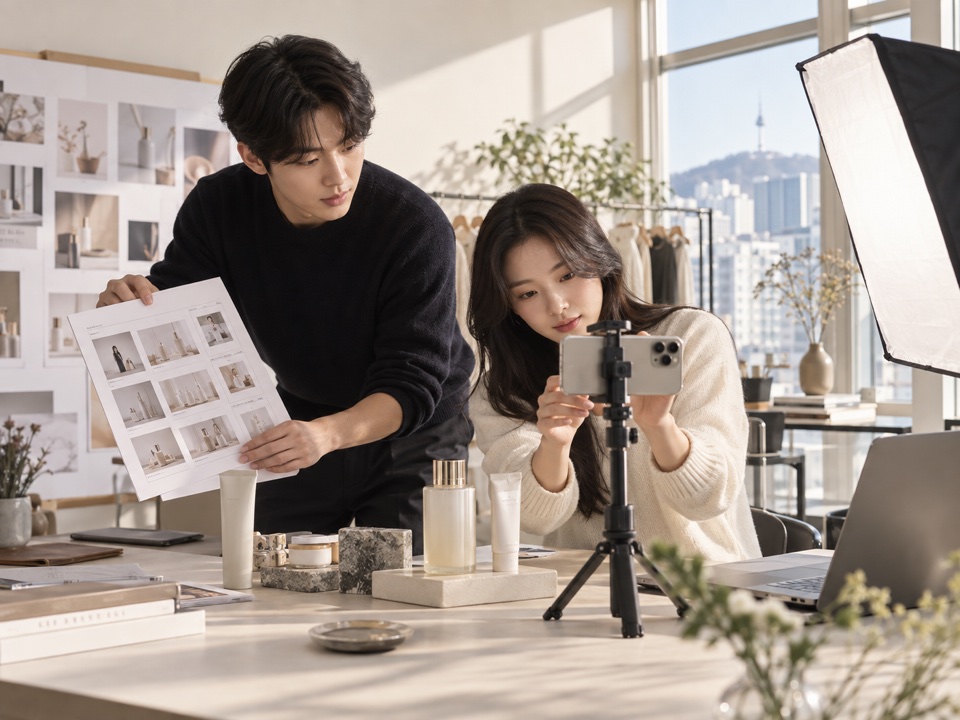 제품 콘텐츠 촬영을 준비하는 크리에이터와 제작자